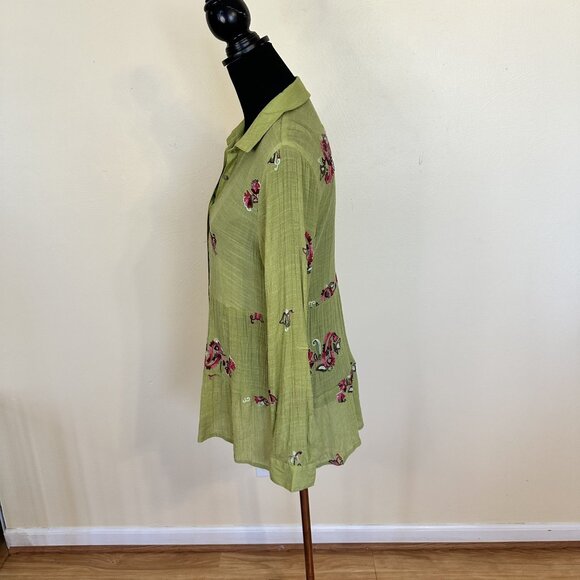 Womens Fig & Flower Lime Green Blouse Large Sheer Button Up Embroidered Boho - Picture 8 of 10